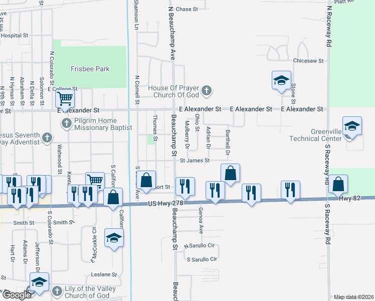 map of restaurants, bars, coffee shops, grocery stores, and more near 332 Mulberry Drive in Greenville