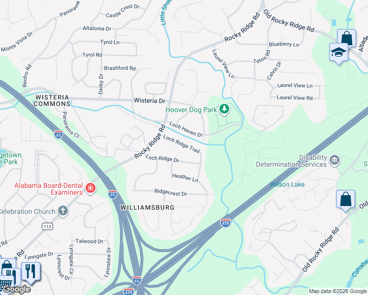 map of restaurants, bars, coffee shops, grocery stores, and more near 3434 Loch Ridge Trail in Birmingham