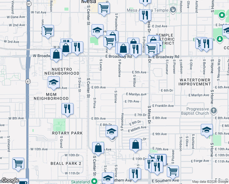 map of restaurants, bars, coffee shops, grocery stores, and more near 140 East Marilyn Avenue in Mesa