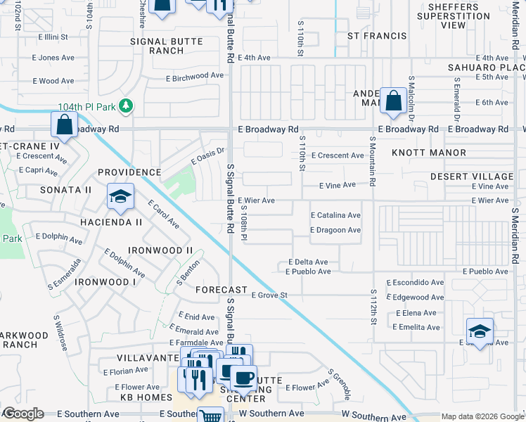 map of restaurants, bars, coffee shops, grocery stores, and more near 10914 East Catalina Avenue in Mesa