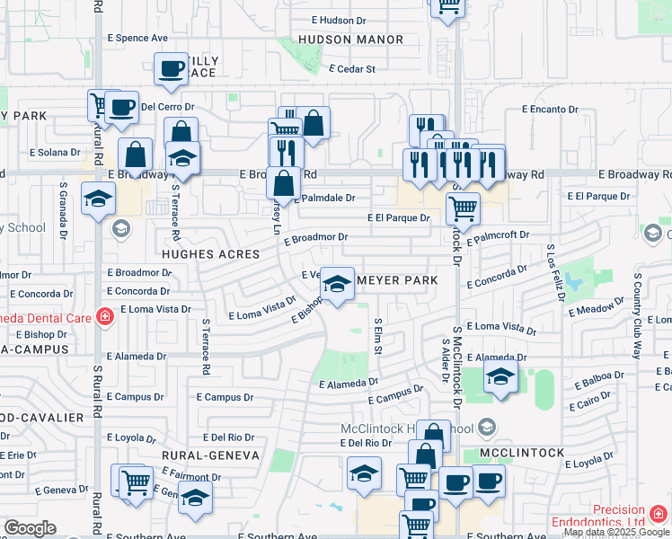 map of restaurants, bars, coffee shops, grocery stores, and more near 1420 E Verlea Dr in Tempe