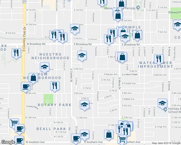 map of restaurants, bars, coffee shops, grocery stores, and more near 140 East Marilyn Avenue in Mesa