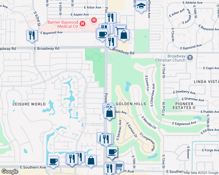 map of restaurants, bars, coffee shops, grocery stores, and more near 625 South Power Road in Mesa