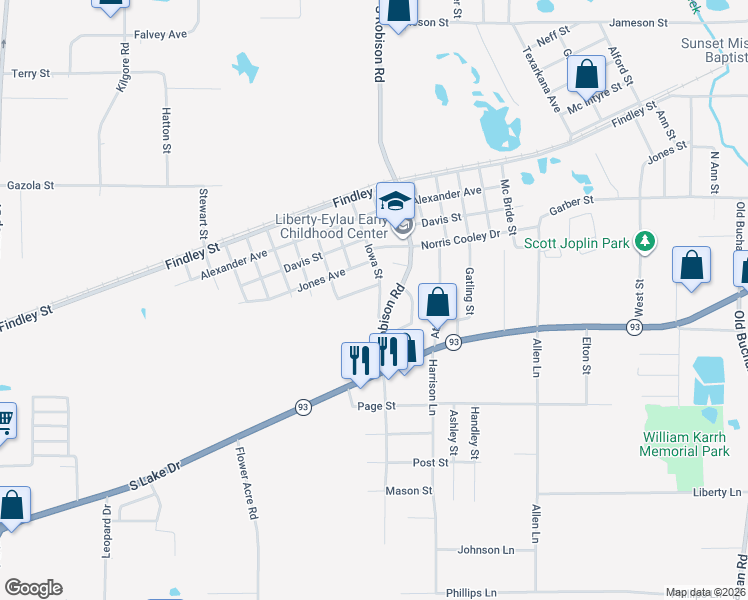 map of restaurants, bars, coffee shops, grocery stores, and more near 1718 South Robison Road in Texarkana