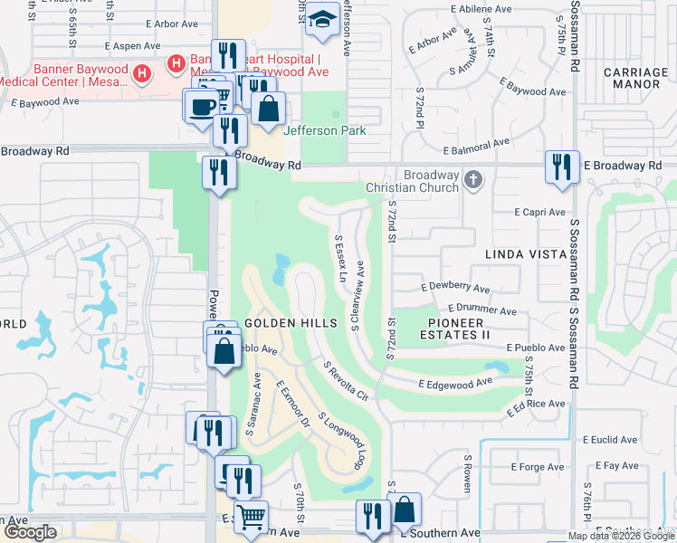 map of restaurants, bars, coffee shops, grocery stores, and more near 622 South Clearview Avenue in Mesa
