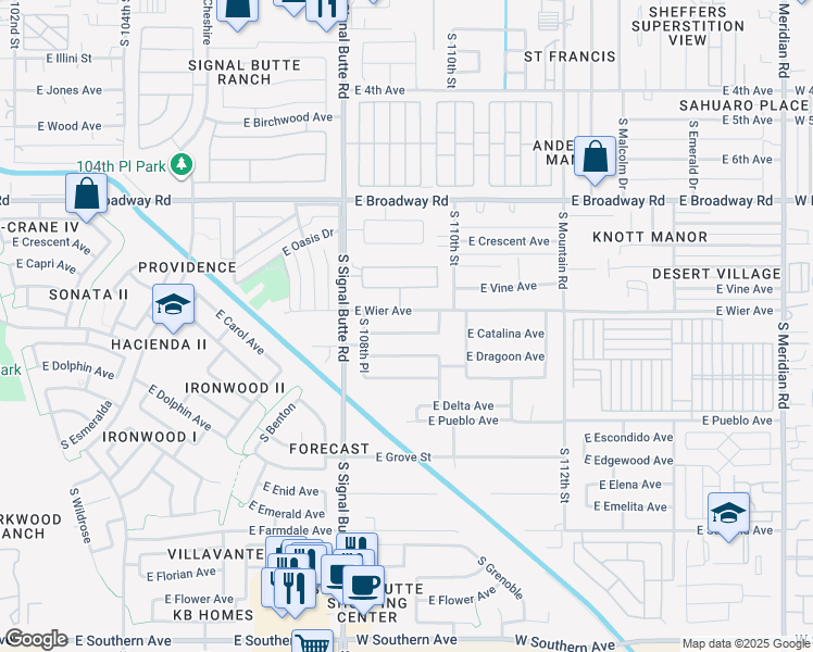 map of restaurants, bars, coffee shops, grocery stores, and more near 10914 East Catalina Avenue in Mesa