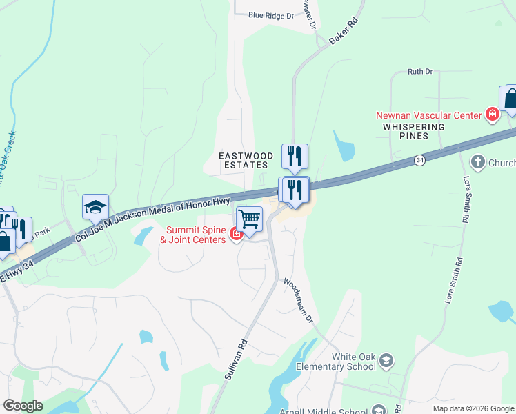 map of restaurants, bars, coffee shops, grocery stores, and more near 1018 Sullivan Road in Newnan