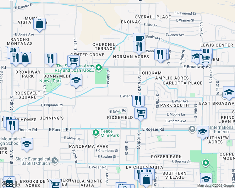 map of restaurants, bars, coffee shops, grocery stores, and more near 1446 East Wier Avenue in Phoenix