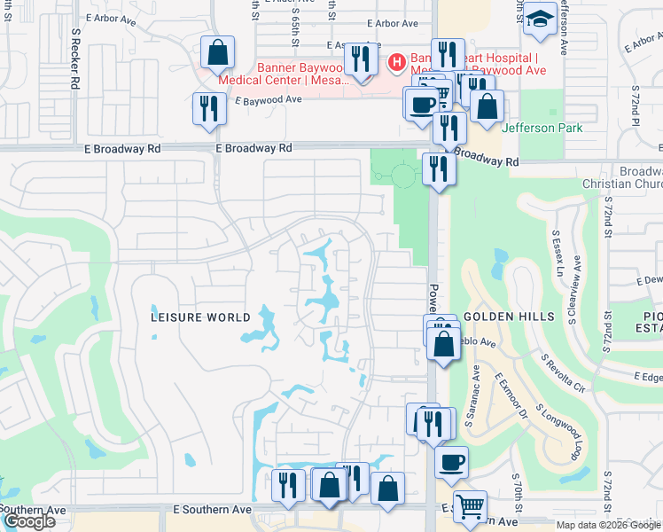 map of restaurants, bars, coffee shops, grocery stores, and more near 615 Leisure World in Mesa
