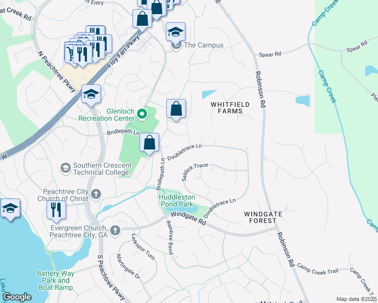 map of restaurants, bars, coffee shops, grocery stores, and more near 116 Doubletrace Lane in Peachtree City