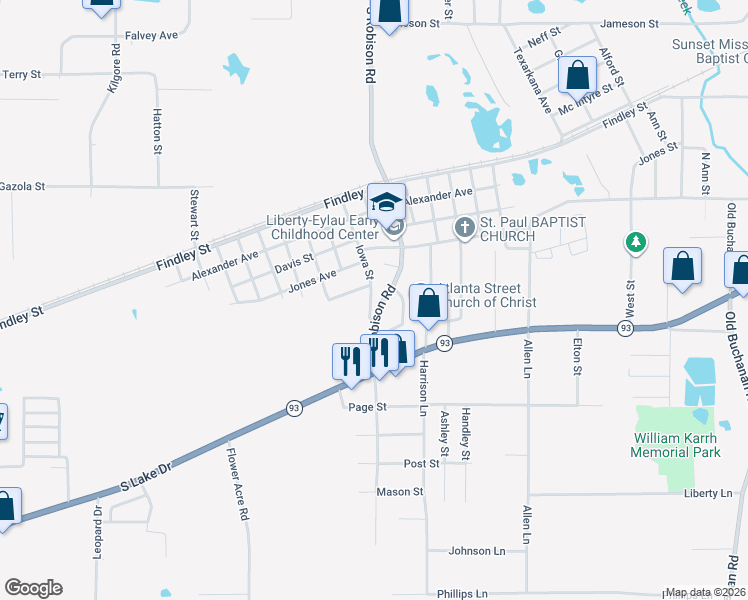 map of restaurants, bars, coffee shops, grocery stores, and more near 1718 South Robison Road in Texarkana