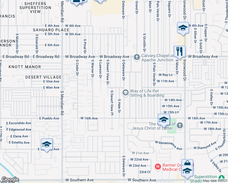 map of restaurants, bars, coffee shops, grocery stores, and more near 1268 South Hale Drive in Apache Junction