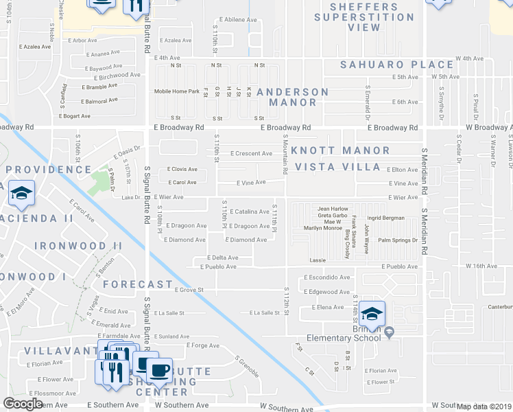 map of restaurants, bars, coffee shops, grocery stores, and more near 11118 East Catalina Avenue in Mesa
