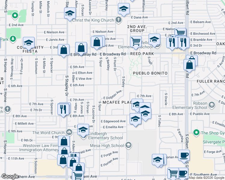 map of restaurants, bars, coffee shops, grocery stores, and more near 628 East Barkley in Mesa