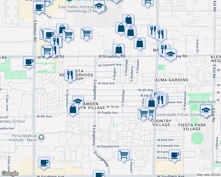 map of restaurants, bars, coffee shops, grocery stores, and more near 1511 West 6th Avenue in Mesa