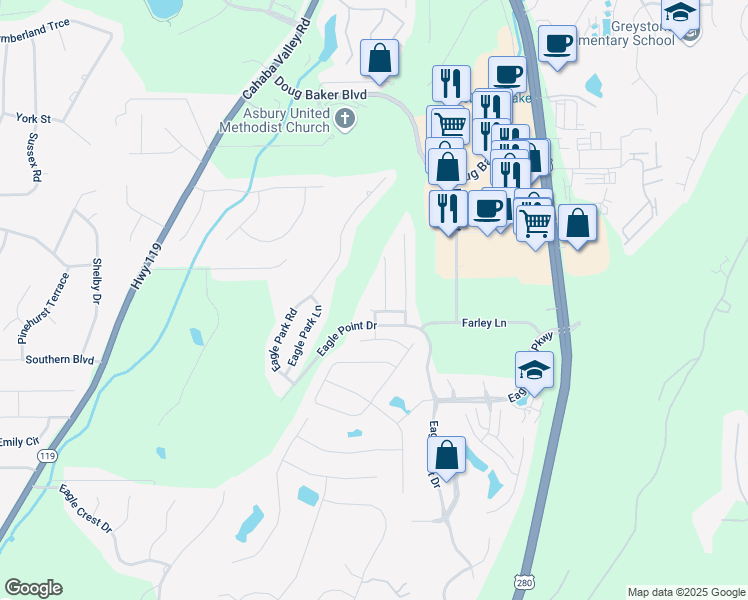 map of restaurants, bars, coffee shops, grocery stores, and more near 901 Talon Way in Birmingham