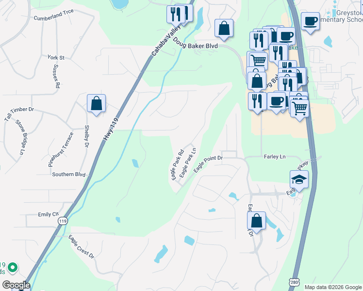 map of restaurants, bars, coffee shops, grocery stores, and more near 1187 Eagle Park Road in Birmingham