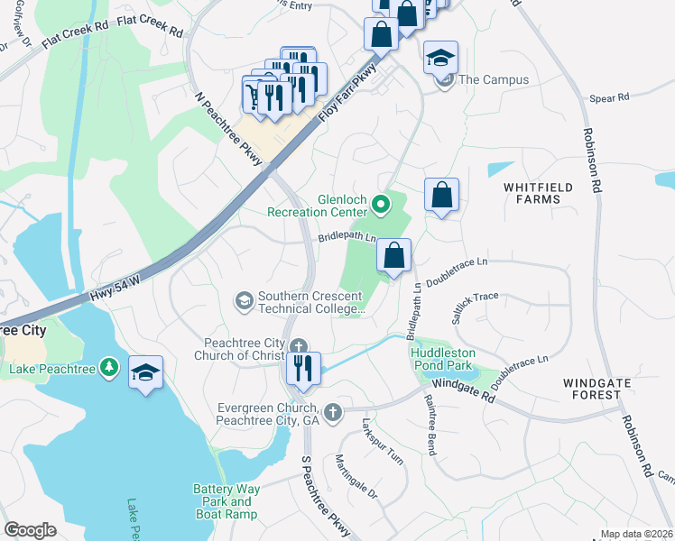 map of restaurants, bars, coffee shops, grocery stores, and more near 112 Clydesdale Road in Peachtree City