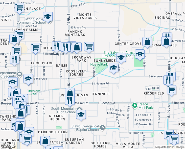 map of restaurants, bars, coffee shops, grocery stores, and more near 846 East Wier Avenue in Phoenix