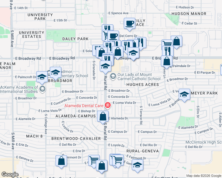 map of restaurants, bars, coffee shops, grocery stores, and more near 912 E Broadmor Dr in Tempe