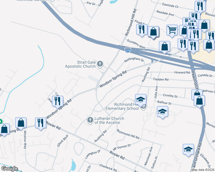 map of restaurants, bars, coffee shops, grocery stores, and more near 2240 Windsor Spring Road in Augusta