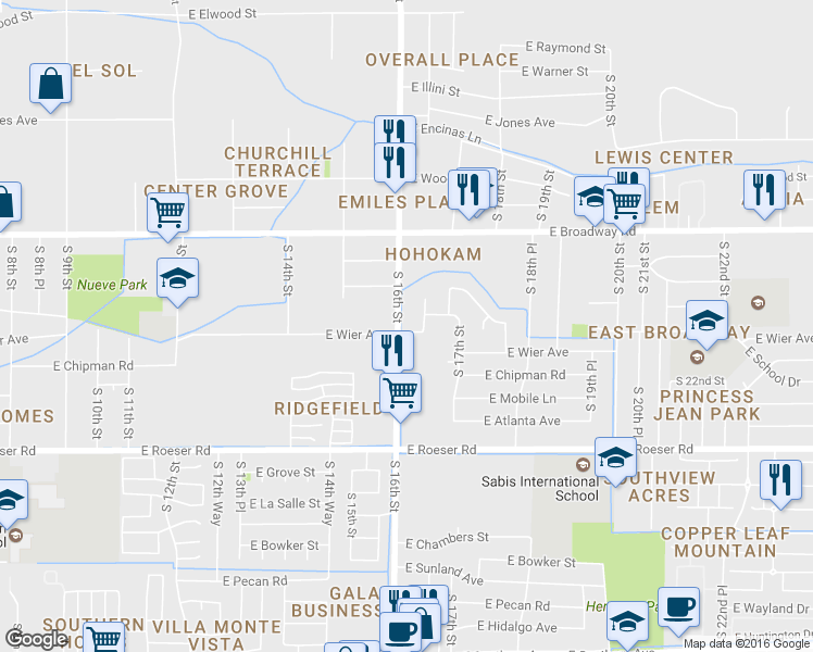 map of restaurants, bars, coffee shops, grocery stores, and more near 1610 East Wier Avenue in Phoenix