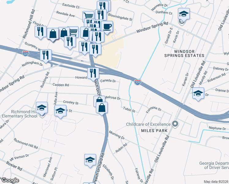 map of restaurants, bars, coffee shops, grocery stores, and more near 2011 Melrose Drive in Augusta