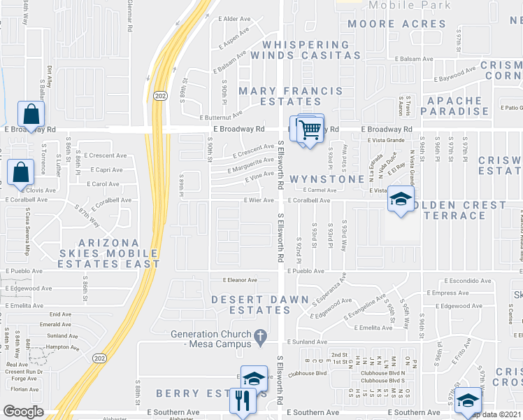 map of restaurants, bars, coffee shops, grocery stores, and more near 612 South Ellsworth Road in Mesa