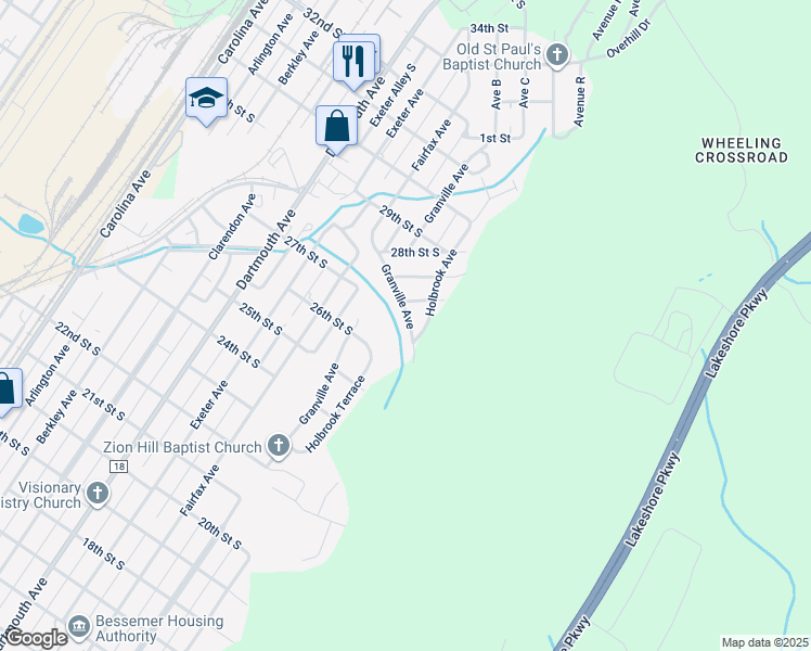 map of restaurants, bars, coffee shops, grocery stores, and more near 2650 Granville Avenue in Bessemer