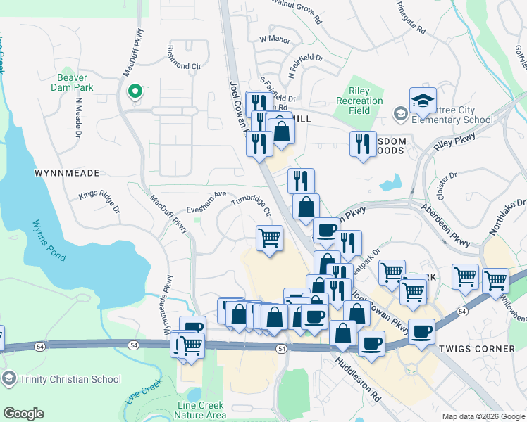 map of restaurants, bars, coffee shops, grocery stores, and more near 233 Turnbridge Circle in Peachtree City