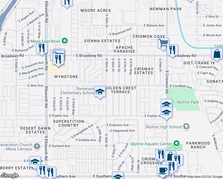 map of restaurants, bars, coffee shops, grocery stores, and more near 623 South 96th Street in Mesa
