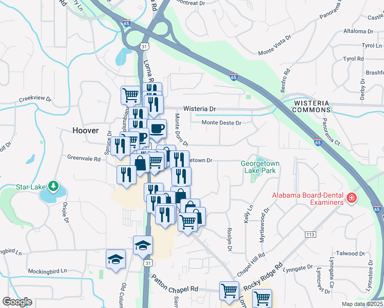 map of restaurants, bars, coffee shops, grocery stores, and more near 2819 Georgetown Drive in Hoover