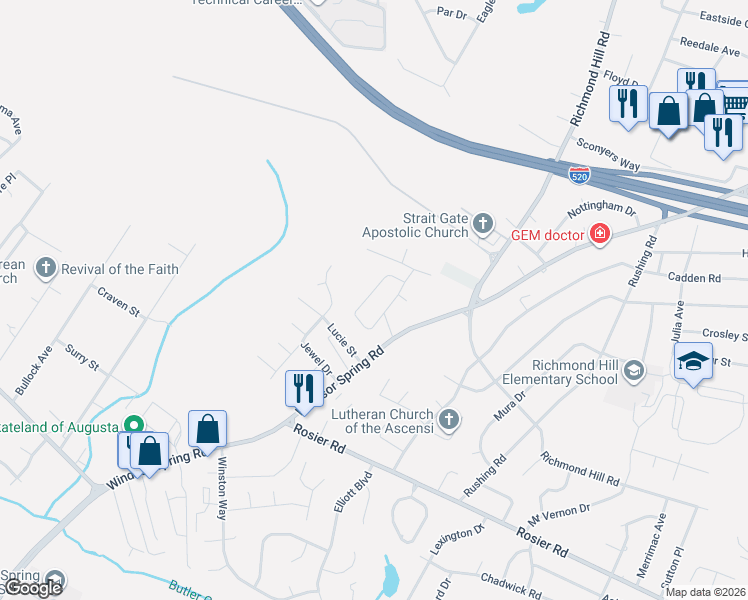 map of restaurants, bars, coffee shops, grocery stores, and more near 2327 Rutherford Avenue in Augusta