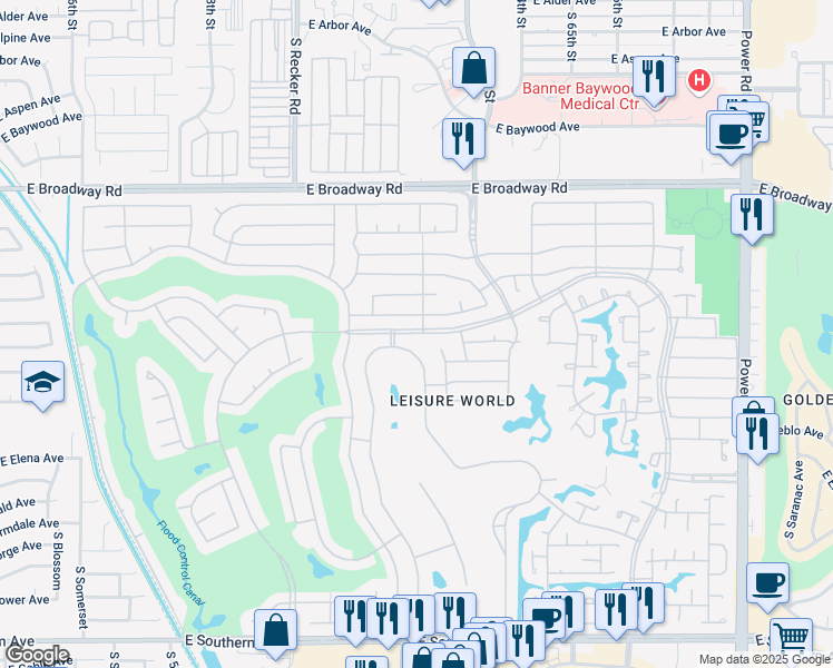 map of restaurants, bars, coffee shops, grocery stores, and more near 1260 Leisure World in Mesa