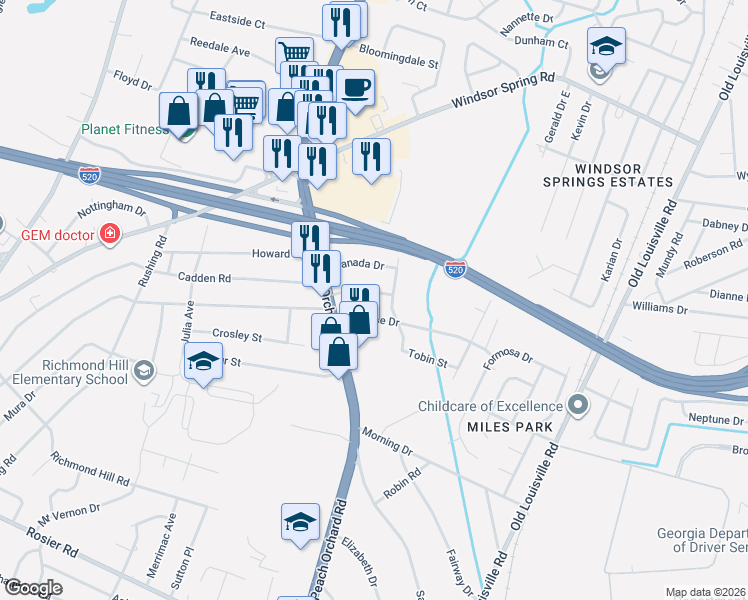 map of restaurants, bars, coffee shops, grocery stores, and more near 2011 Melrose Drive in Augusta