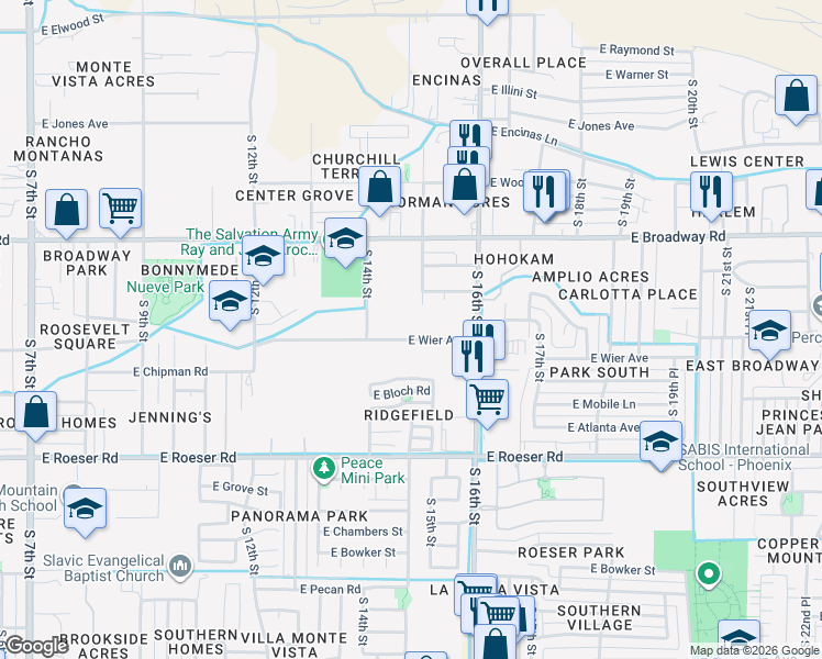 map of restaurants, bars, coffee shops, grocery stores, and more near 1446 East Wier Avenue in Phoenix