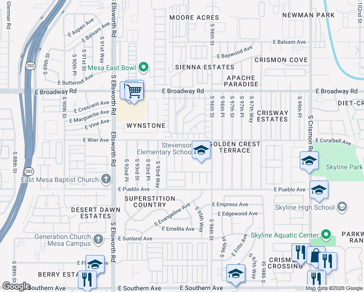 map of restaurants, bars, coffee shops, grocery stores, and more near Mobile Home Park in Mesa