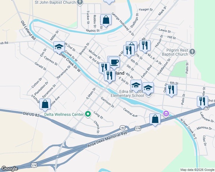 map of restaurants, bars, coffee shops, grocery stores, and more near 200 North Deer Creek Drive East in Leland