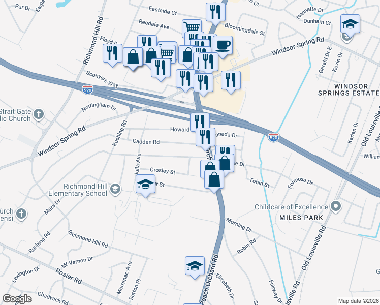 map of restaurants, bars, coffee shops, grocery stores, and more near 2117 Silverdale Rd in Augusta