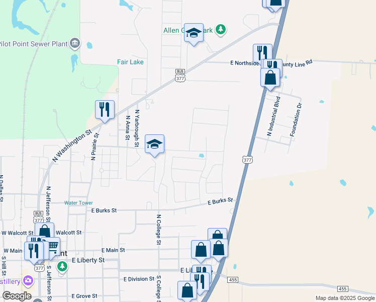 map of restaurants, bars, coffee shops, grocery stores, and more near Carroll Street in Pilot Point