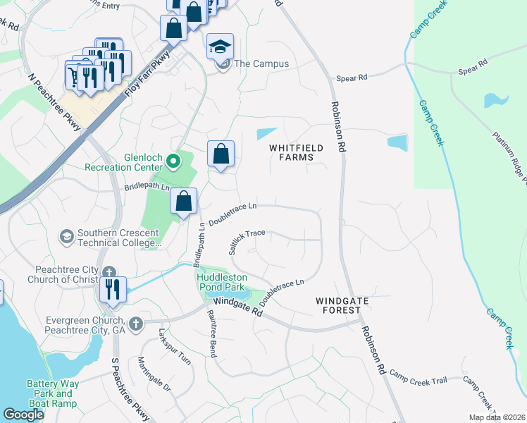 map of restaurants, bars, coffee shops, grocery stores, and more near 300 Doubletrace Lane in Peachtree City
