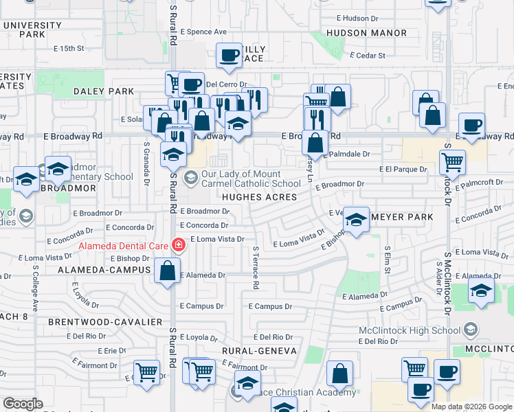 map of restaurants, bars, coffee shops, grocery stores, and more near 1107 East Broadmor Drive in Tempe