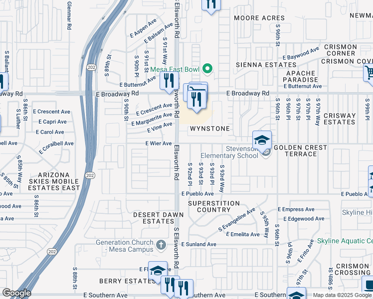 map of restaurants, bars, coffee shops, grocery stores, and more near 619 South 92nd Place in Mesa