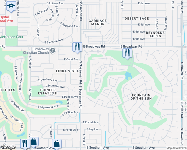 map of restaurants, bars, coffee shops, grocery stores, and more near 630 South 77th Street in Mesa