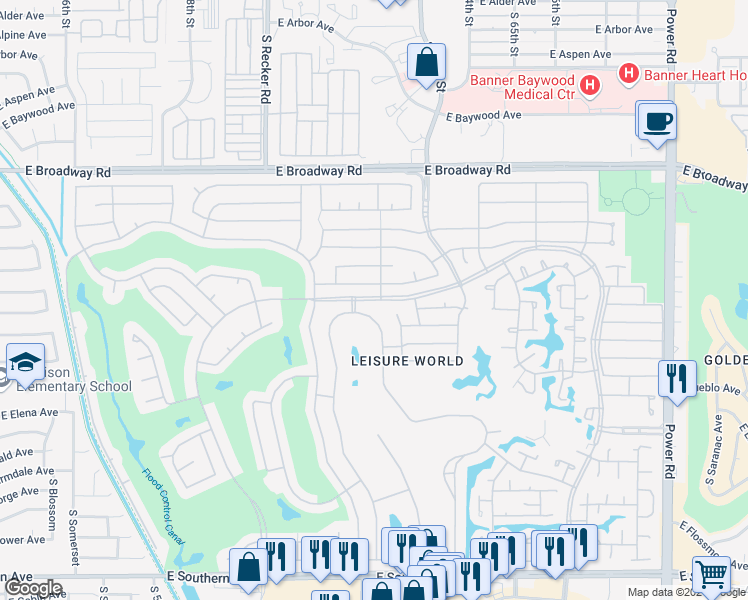 map of restaurants, bars, coffee shops, grocery stores, and more near 1260 Leisure World in Mesa