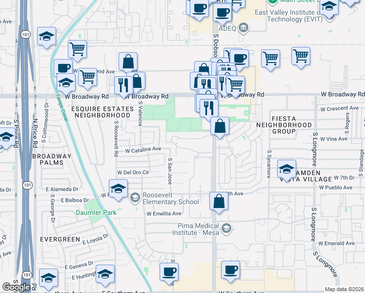 map of restaurants, bars, coffee shops, grocery stores, and more near 600 South Dobson Road in Mesa