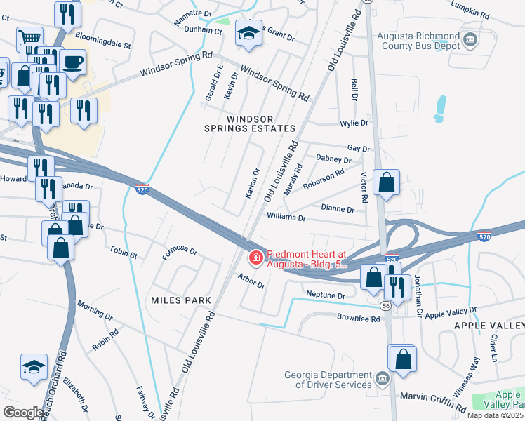map of restaurants, bars, coffee shops, grocery stores, and more near 3310 Old Louisville Road in Augusta