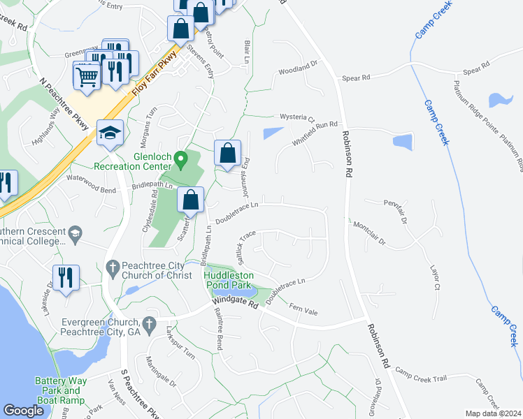 map of restaurants, bars, coffee shops, grocery stores, and more near 204 Doubletrace Lane in Peachtree City
