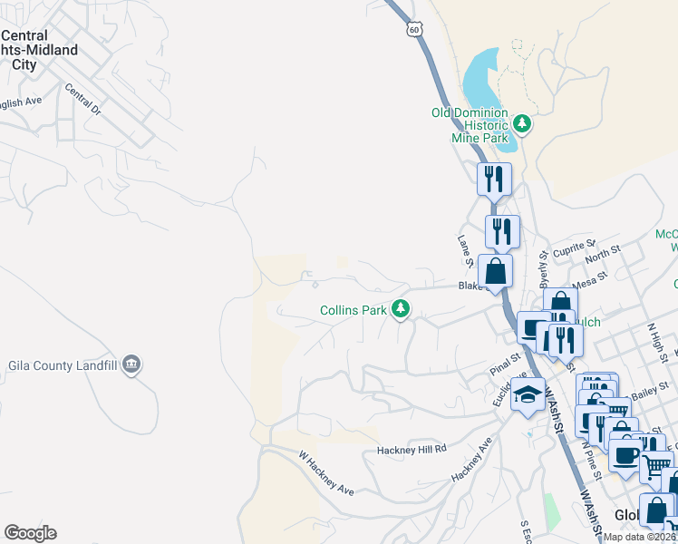map of restaurants, bars, coffee shops, grocery stores, and more near 624 West Miami Road in Globe