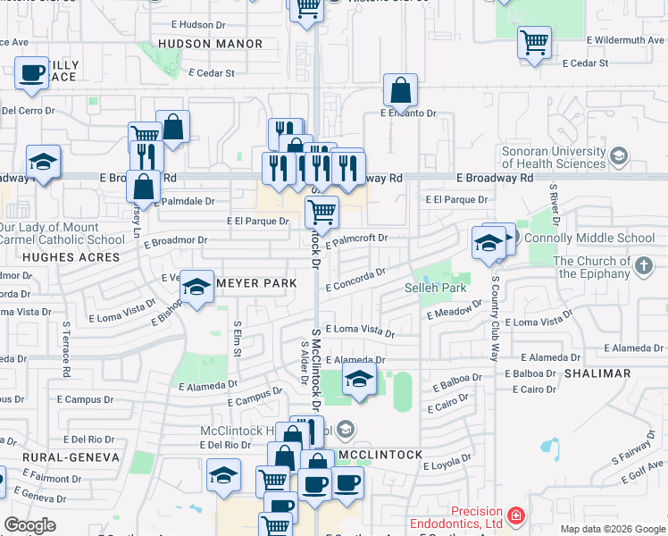 map of restaurants, bars, coffee shops, grocery stores, and more near 2340 South McClintock Drive in Tempe